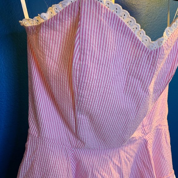 Wax Poetic Clothing Barbie Pink Striped Seersucker Sabrina Dress Size Large NWOT - Picture 3 of 8